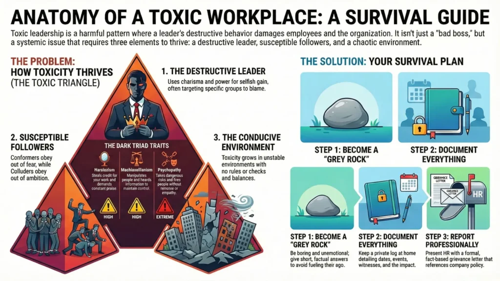 Toxic workplace infographic showing the toxic triangle with destructive leaders, susceptible followers, and a chaotic environment, plus a survival plan with grey rock method, documentation, and professional reporting.