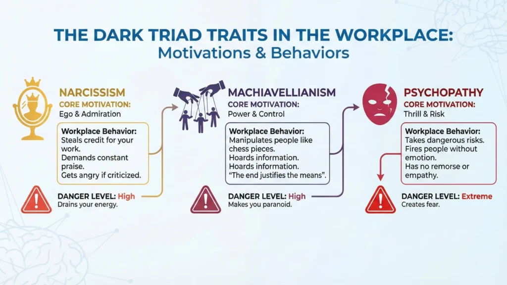 Illustration showing narcissistic, manipulative, and emotionally cold leadership behaviors at work