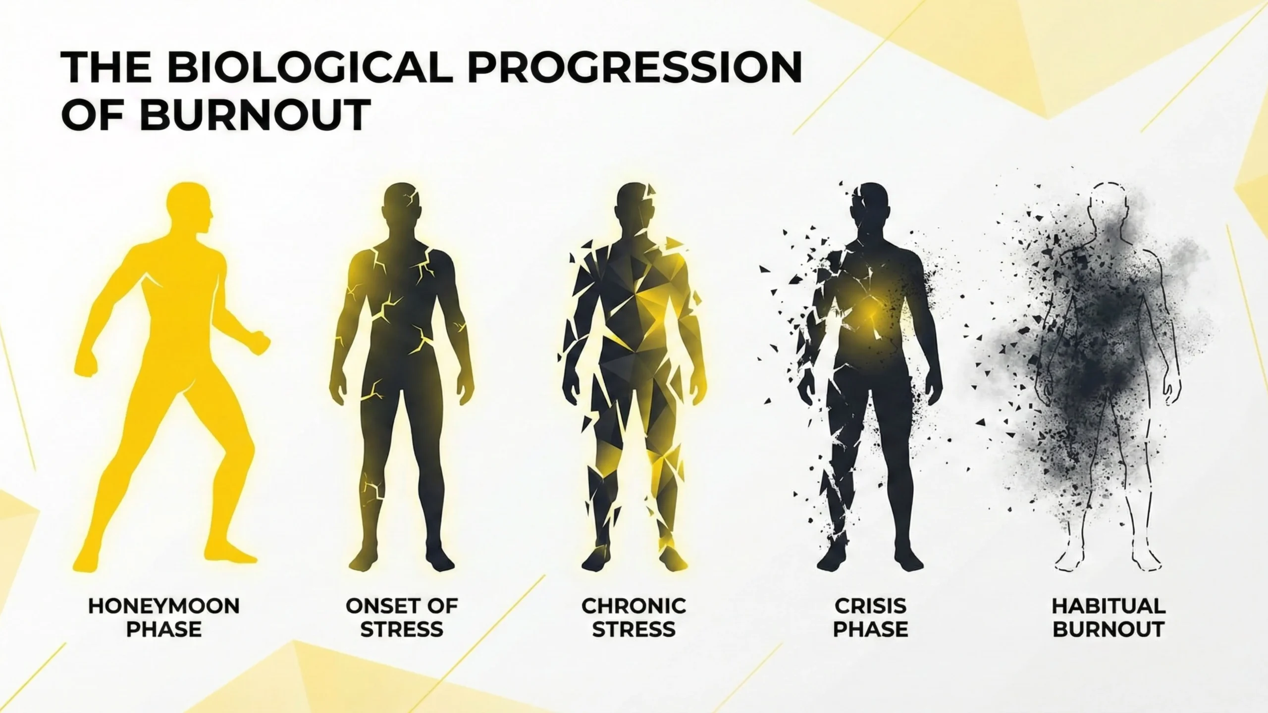 Five silhouettes representing the biological stages of burnout: Honeymoon Phase, Onset of Stress, Chronic Stress, Crisis Phase, and Habitual Burnout.