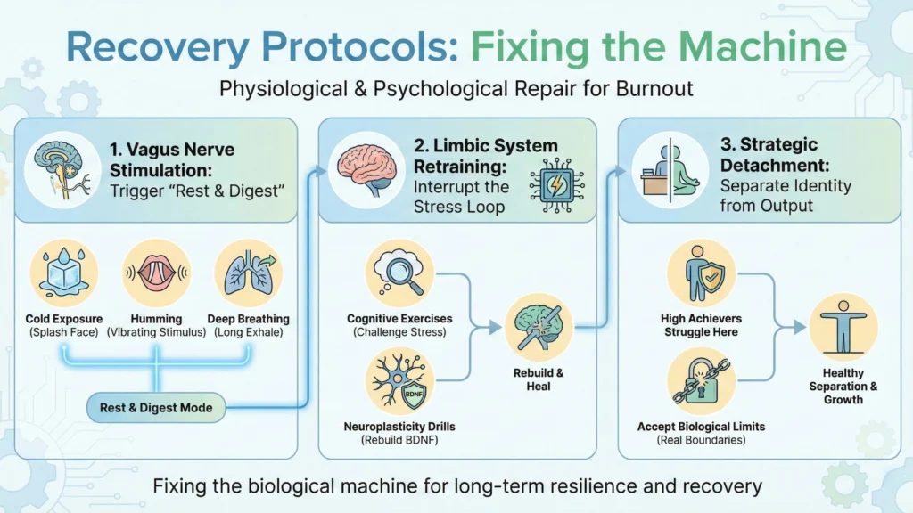 A flow chart showing three recovery protocols: Vagus Nerve Stimulation (rest and digest), Limbic System Retraining (interrupting the stress loop), and Strategic Detachment (separating identity from work).