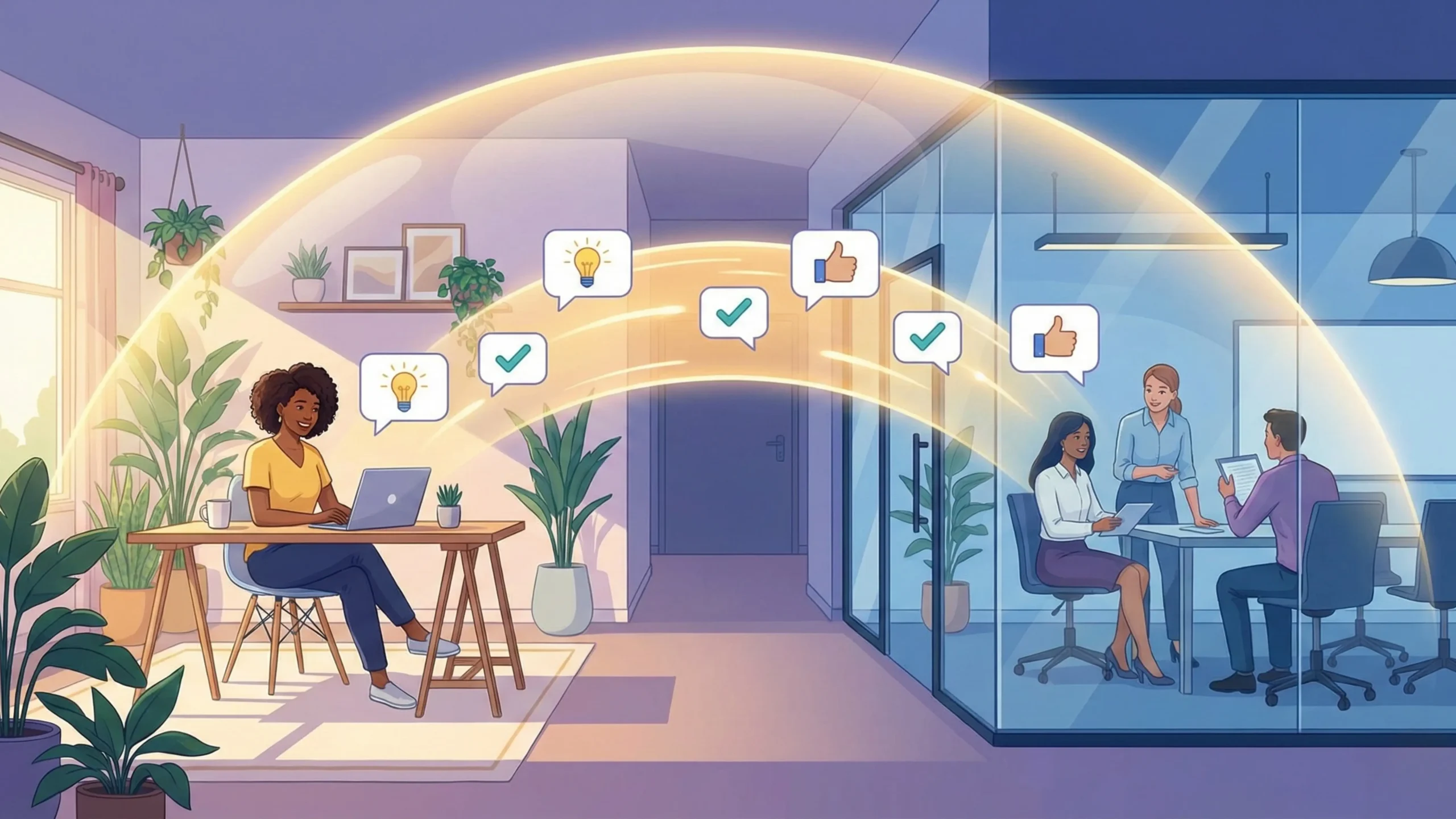 An illustration of a remote worker and an office team connected by a glowing bridge of light and thought bubbles under a protective dome, symbolizing psychological safety in hybrid teams.