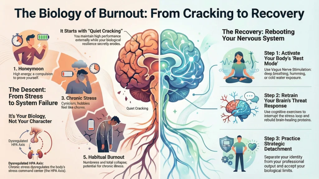 A two-sided infographic showing the descent from 'Quiet Cracking' to system failure on the left, and the 3-step nervous system recovery process on the right.